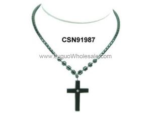 Hematite Cross Pendant Beads Stone Chain Choker Fashion Women Necklace